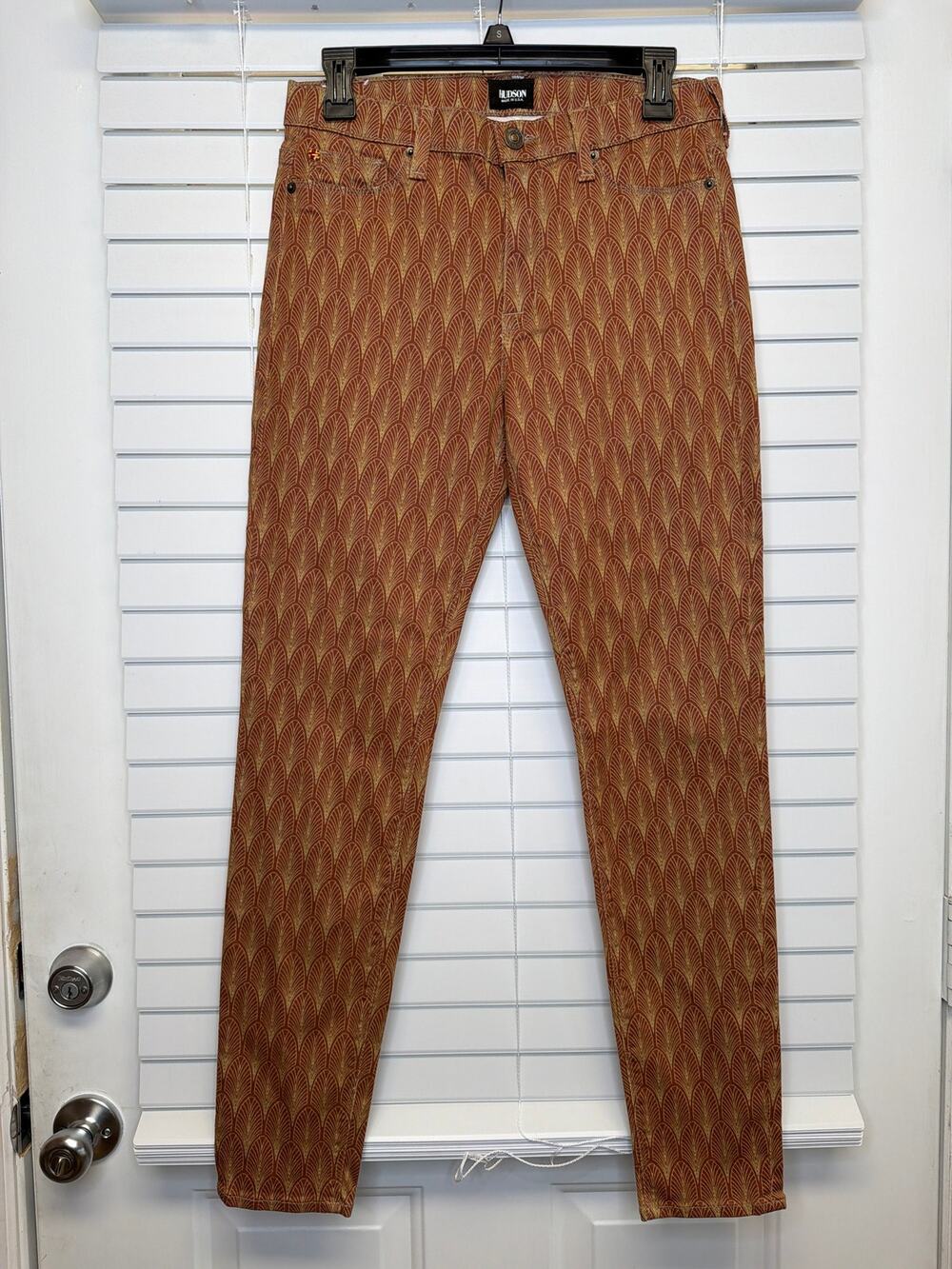 Hudson Nico Mid Rise Super Skinny Jeans Art Deco Print Brown Gold Size 30
